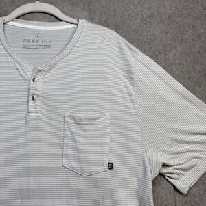 Free Fly Men's Gray White Striped Bamboo Henley Shirt Large Performance‎ Tee